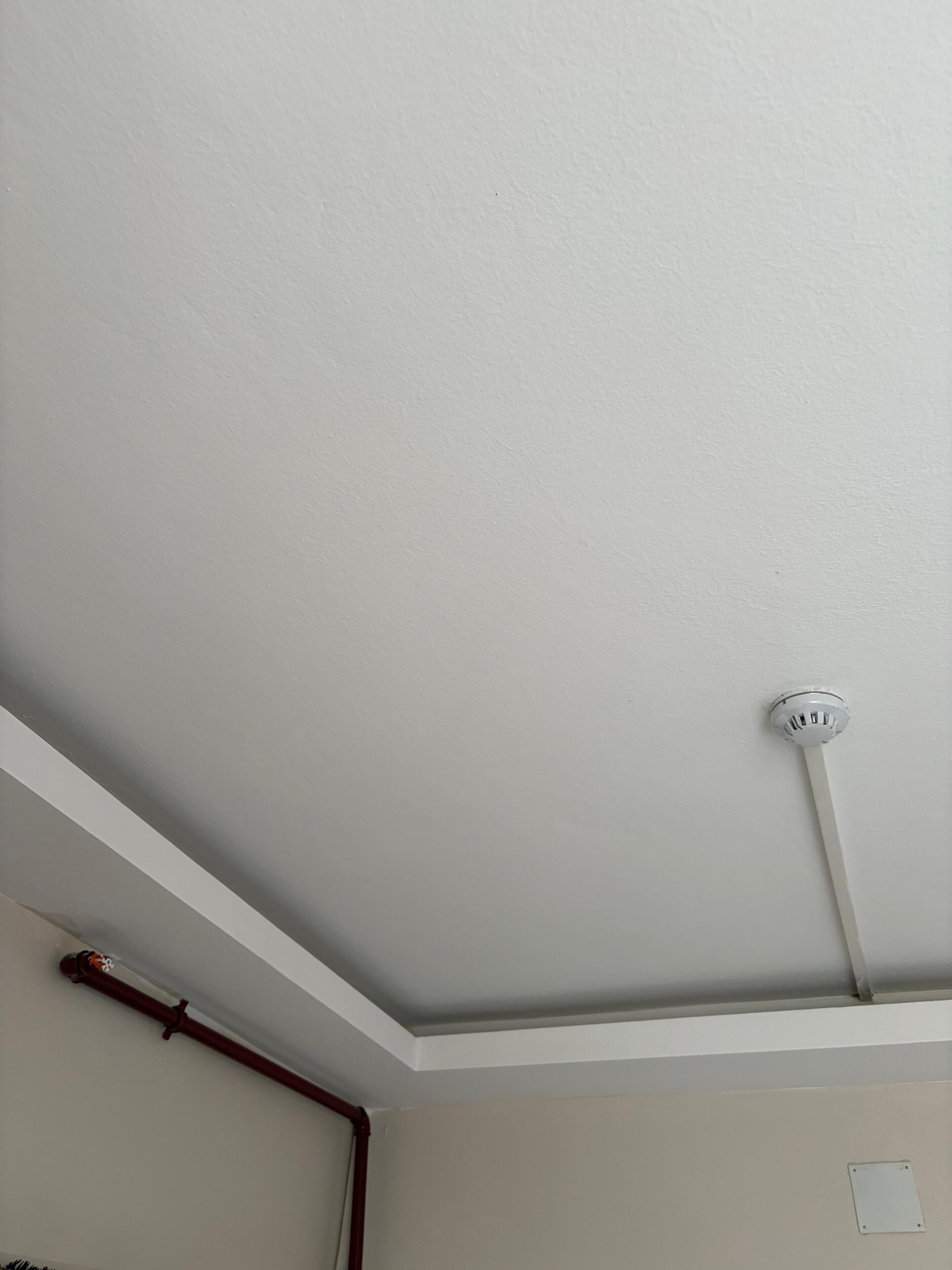 Ett tak med en brandvarnare och ett rött rör.