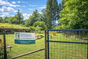 Un espace extérieur clôturé, agrémenté d’un panneau indiquant « Società Agricola Casa Bernardi », un espace privé réservé à la promenade des chiens.
