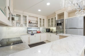 Full-sized fridge, microwave, oven, stovetop