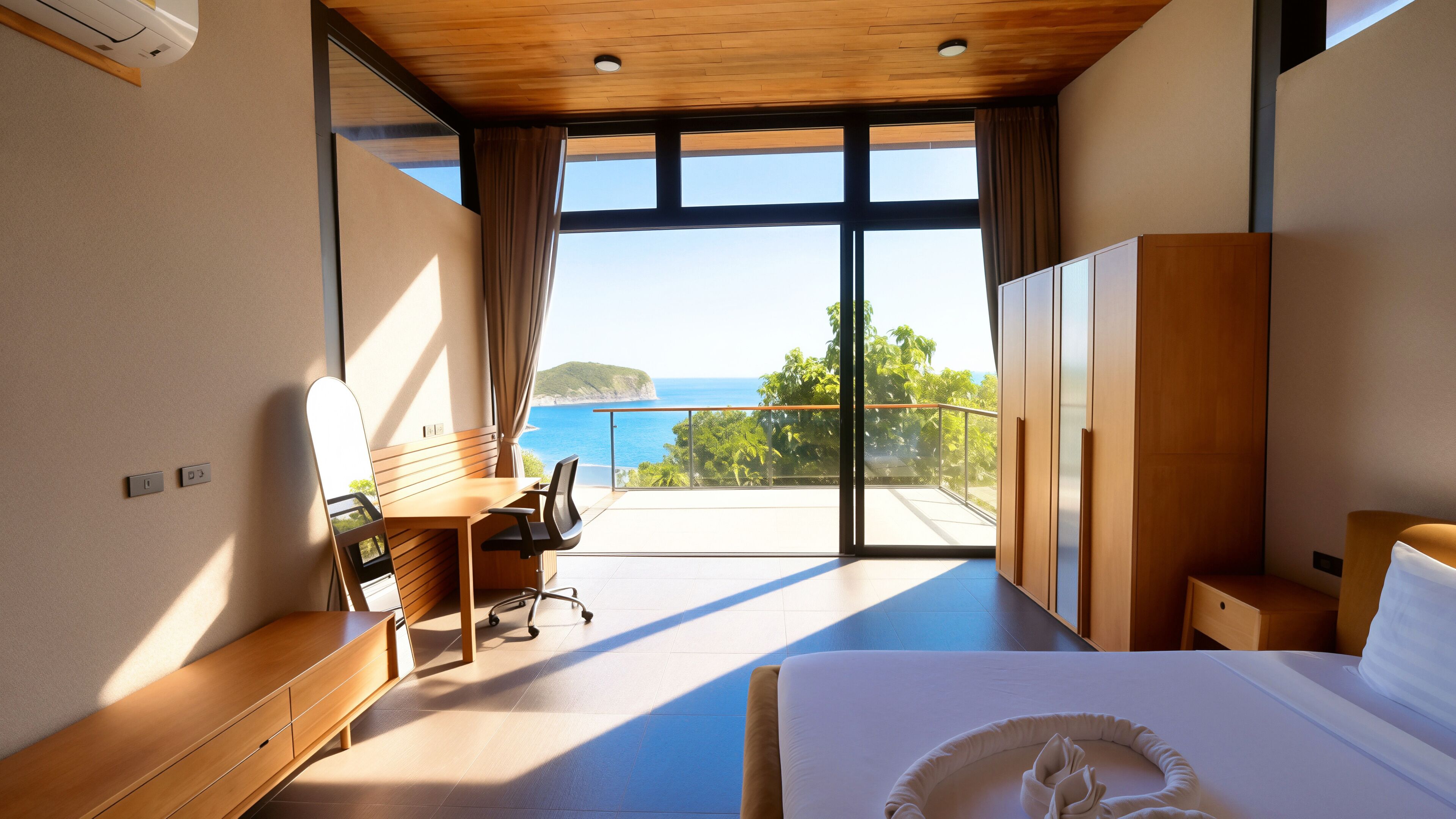 A modern hotel room with a large balcony, a desk, a chair, a bed, and a wardrobe.