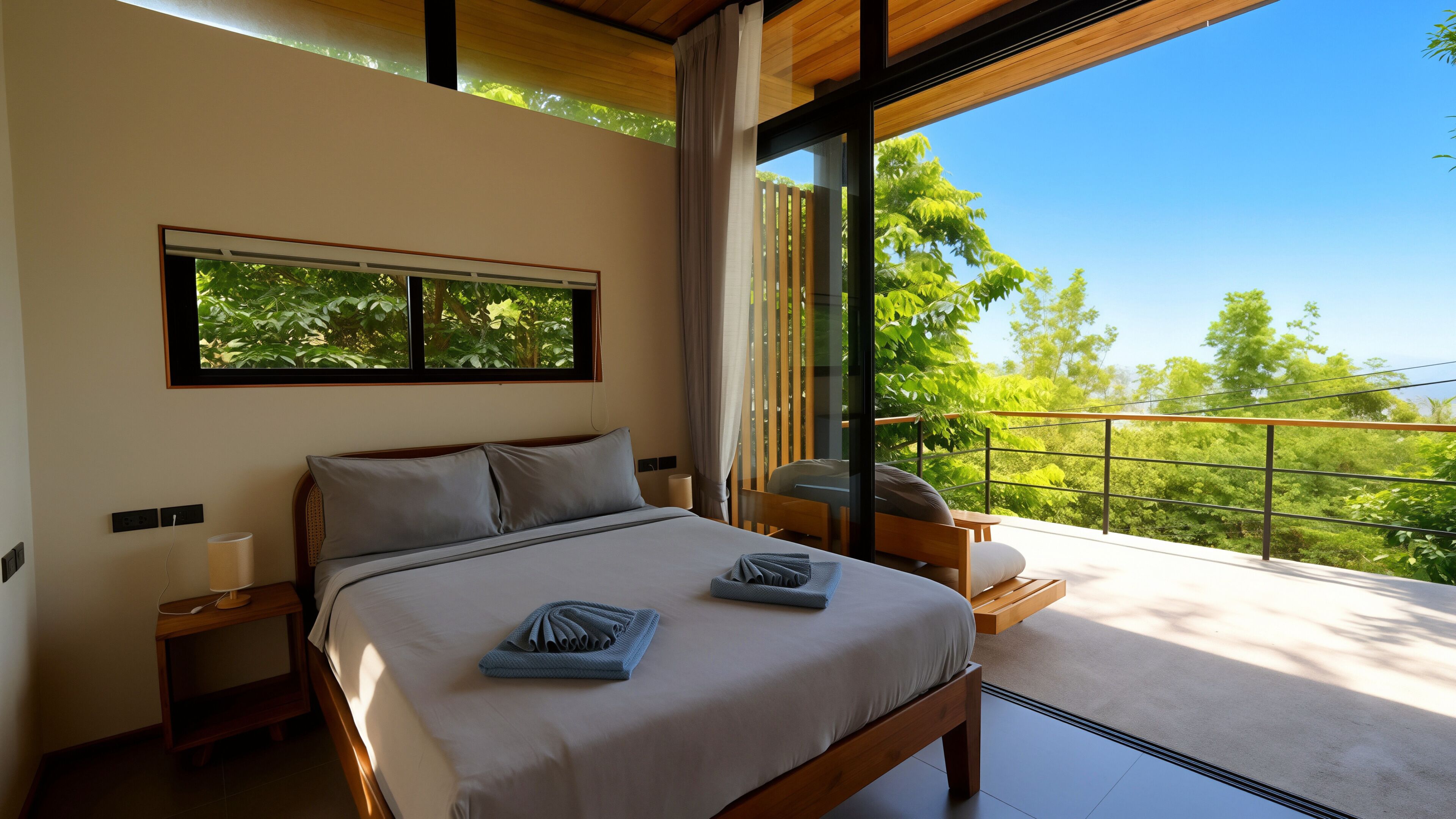 A bedroom with a bed, bedside tables, a window, and a balcony with a view of greenery.
