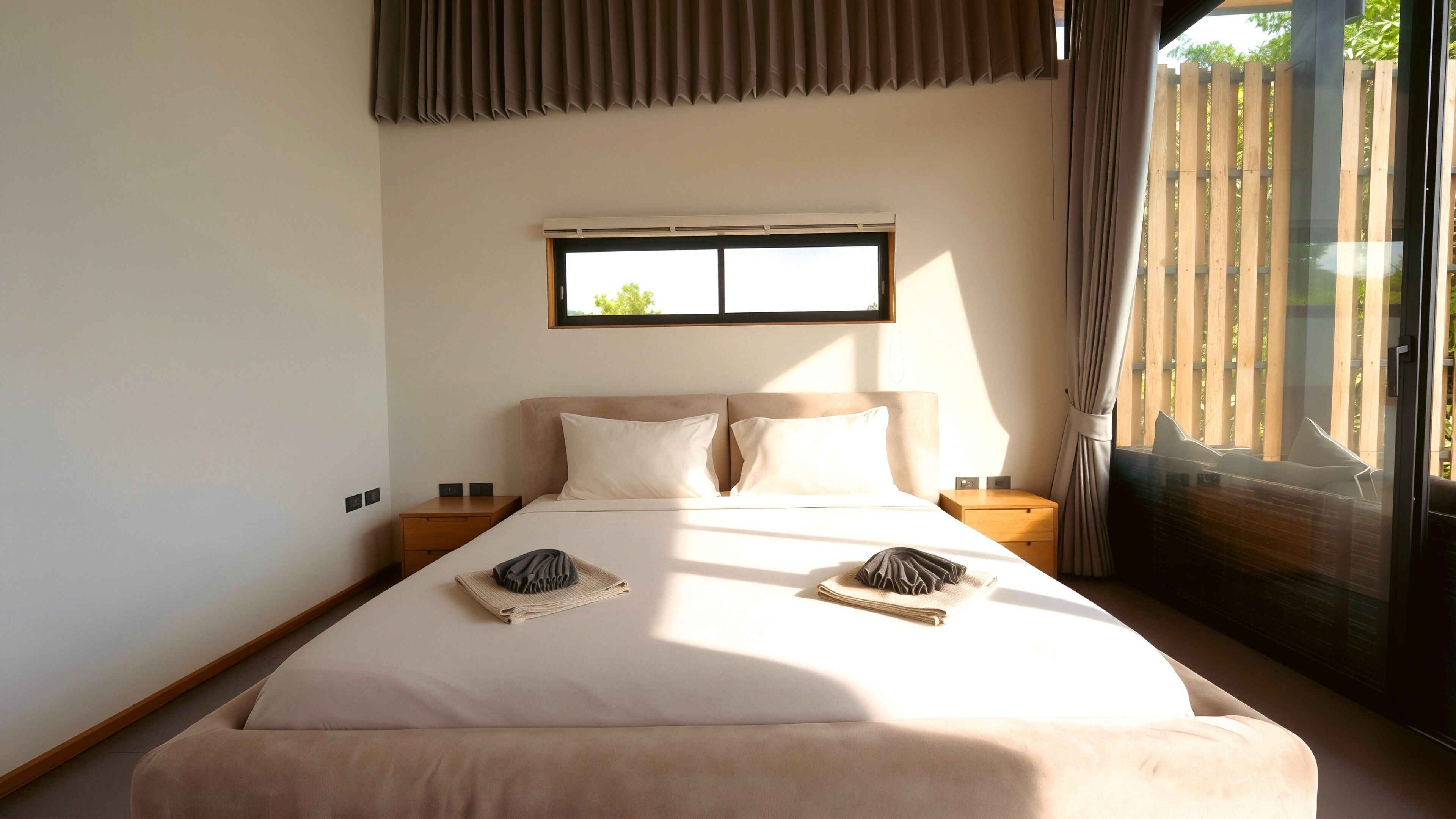 Quarto com cama grande, duas mesas de cabeceira, janela com persianas e vista para o verde lá fora.
