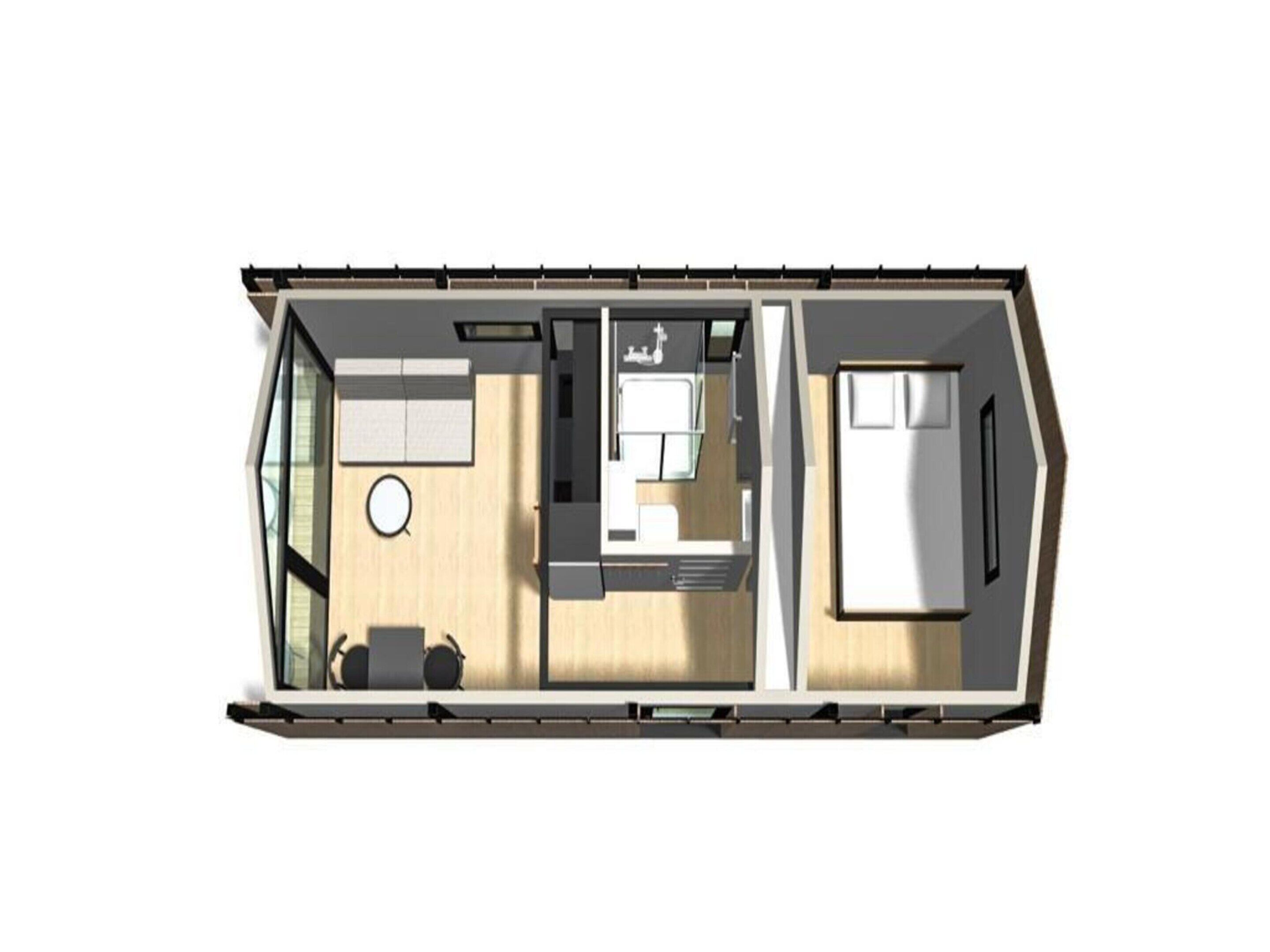 A modern interior layout with a living area, kitchen, and sleeping quarters.