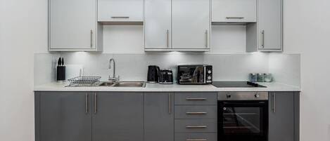 Fridge, microwave, oven, toaster