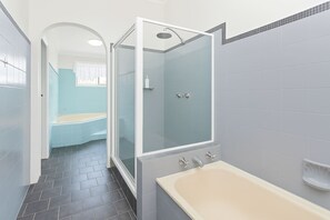 Shower, hair dryer, towels