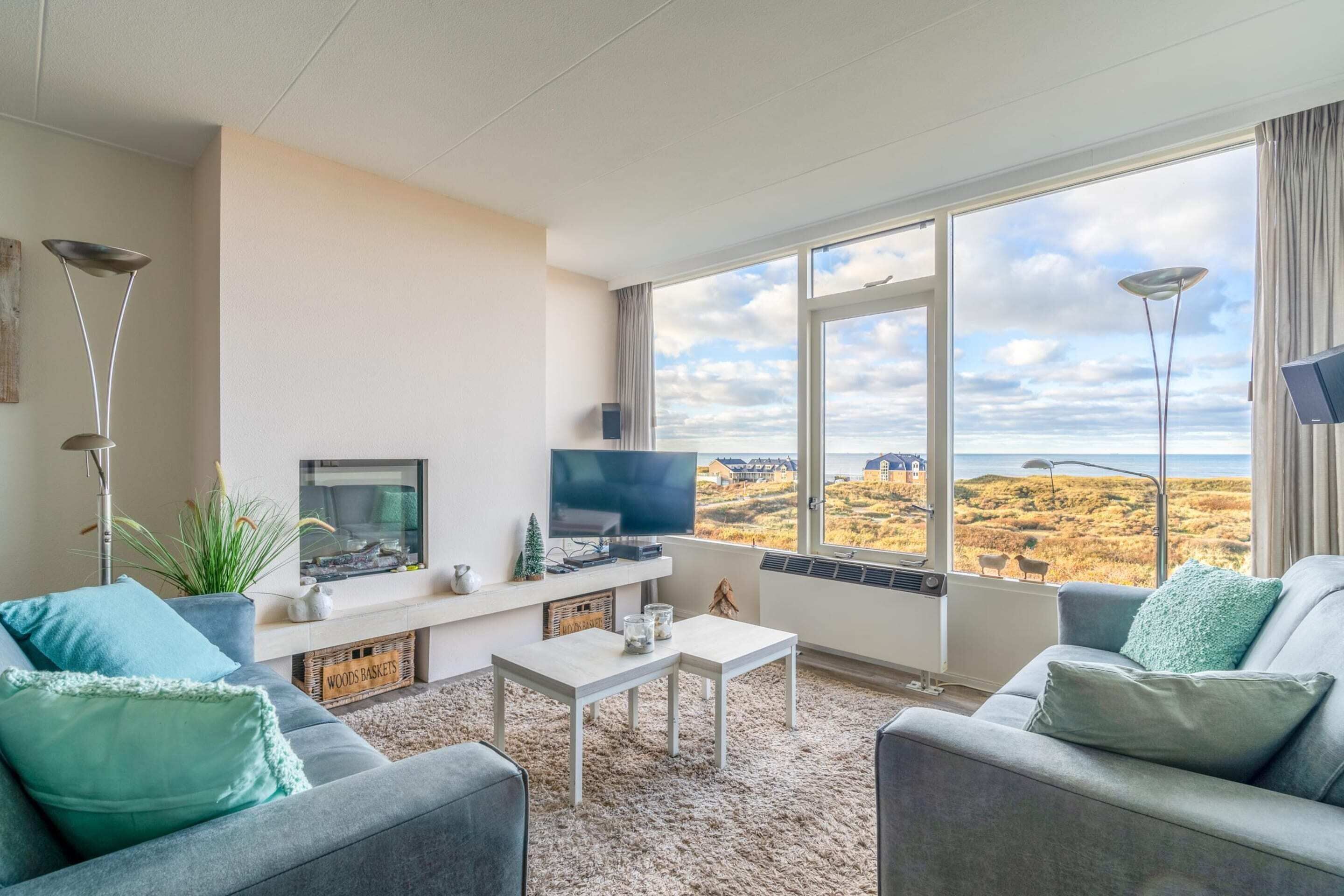 A modern living room with a large window, a flat-screen TV, a coffee table, and two sofas.