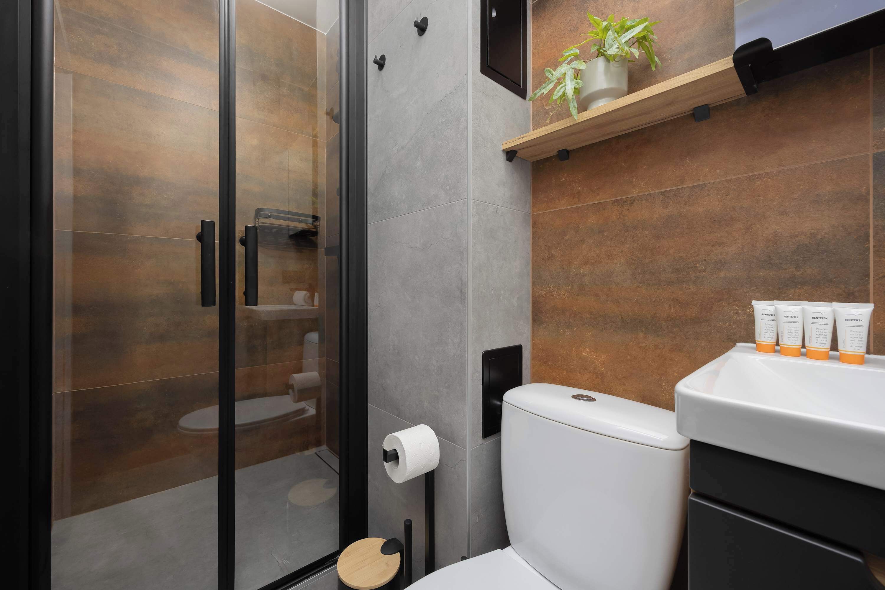 Shower, hair dryer, towels, shampoo