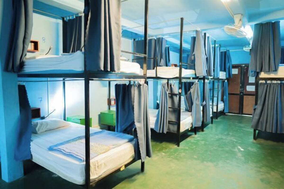 Una camera in stile dormitorio con letti a castello, una ventola a soffitto e un pavimento verde.