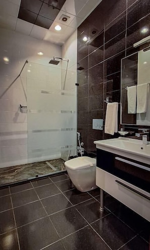 Hair dryer, towels, soap, shampoo