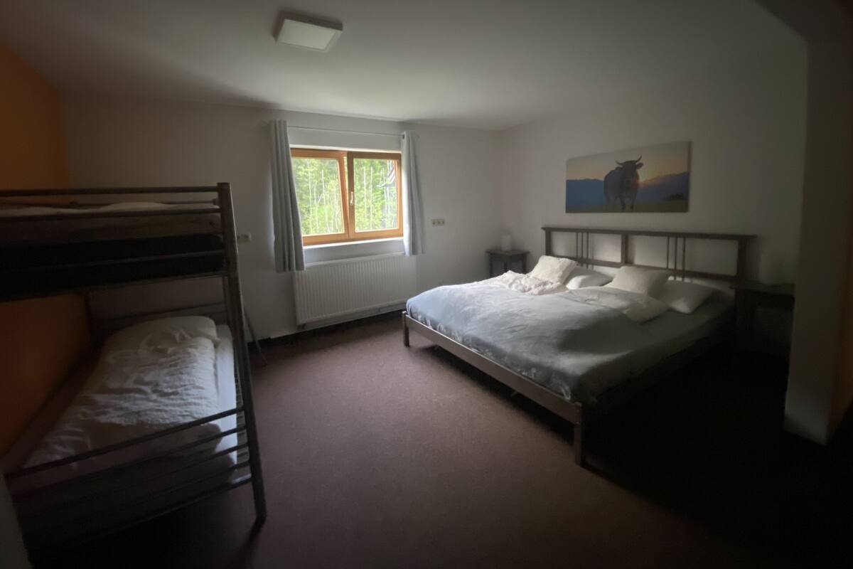 Une chambre avec des lits superposés, un lit simple, une fenêtre avec des rideaux, un radiateur et un tableau au mur.