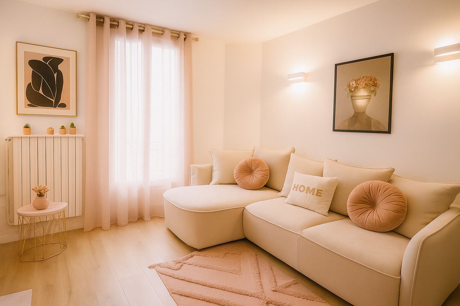 Een moderne woonkamer met een beige bank, een klein bijzettafeltje en een radiator.