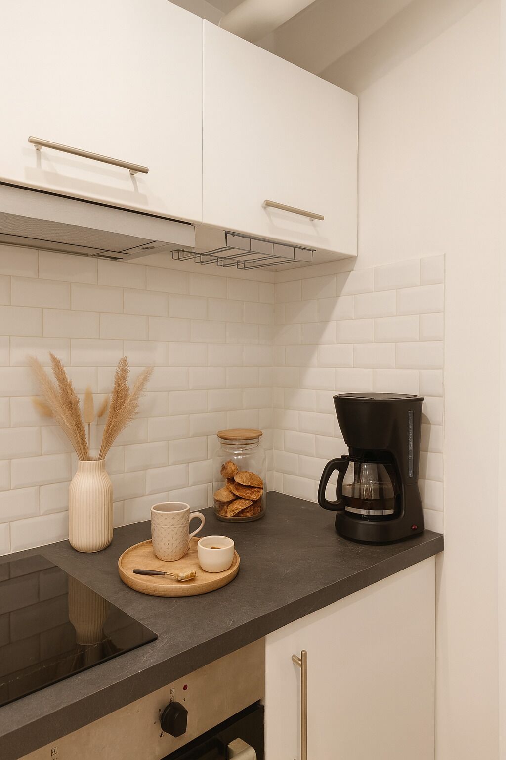 Een keuken met witte kastjes, een zwart aanrecht, een koffiezetapparaat, een pot met koekjes, een vaas met pluizige grasjes en een kop.