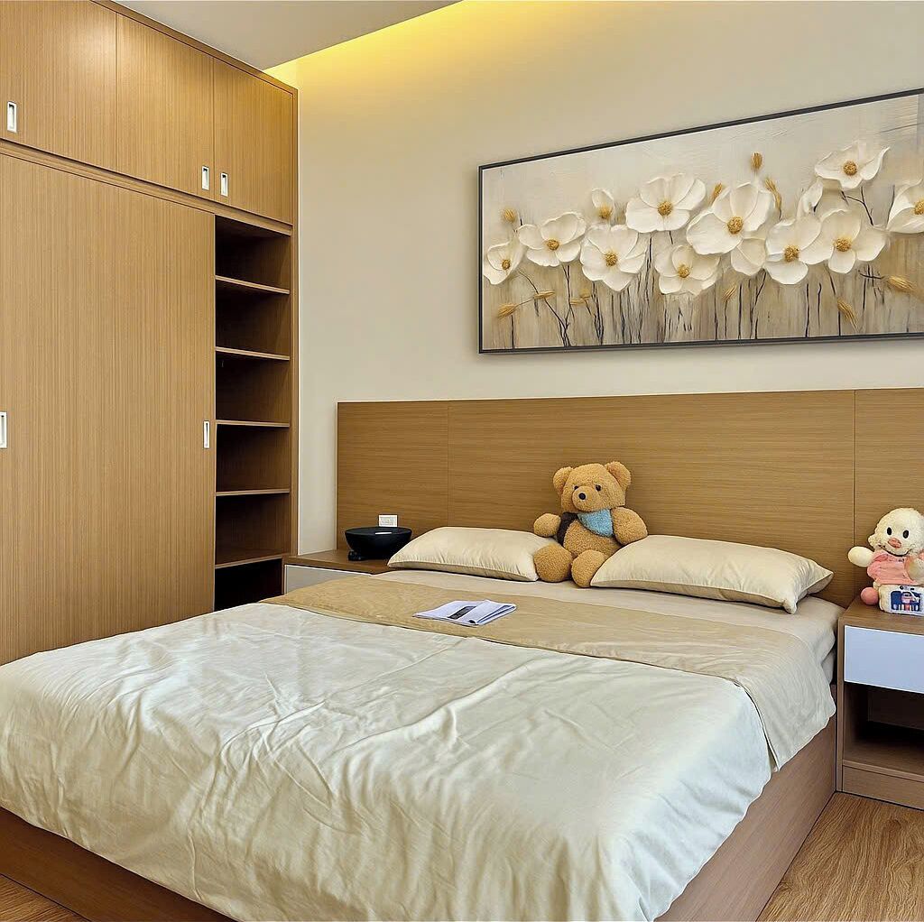 A bedroom with a large bed, a wooden wardrobe, a nightstand, and a wall-mounted flower painting.