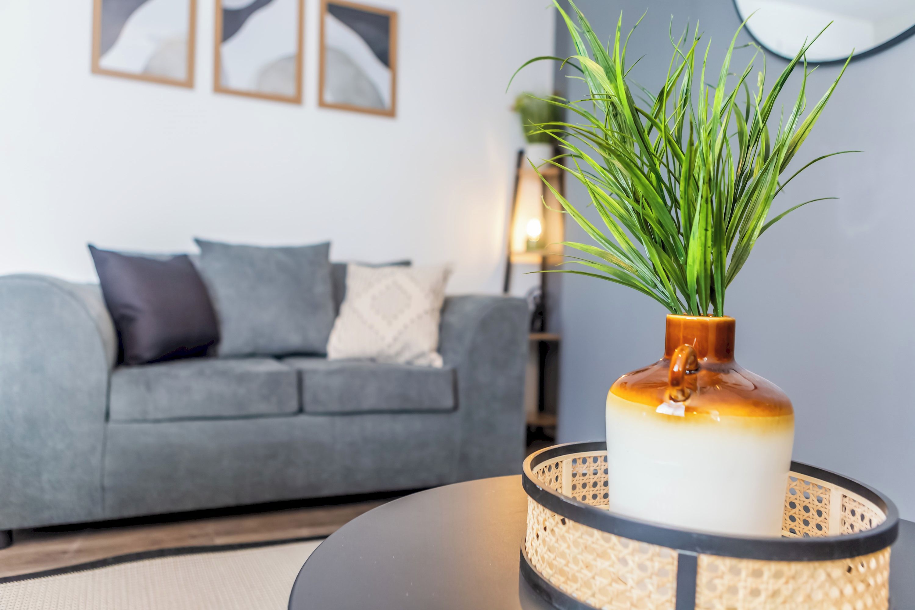 Un salon avec un canapé gris, une table ronde ornée d’une plante et un mur décoré de tableaux encadrés.