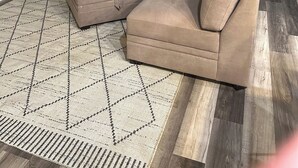 A living room with a sectional sofa, a large potted plant, and a patterned rug. - Game Room • New Construction • 5 Bedrooms, 2 Baths (Mesquite)