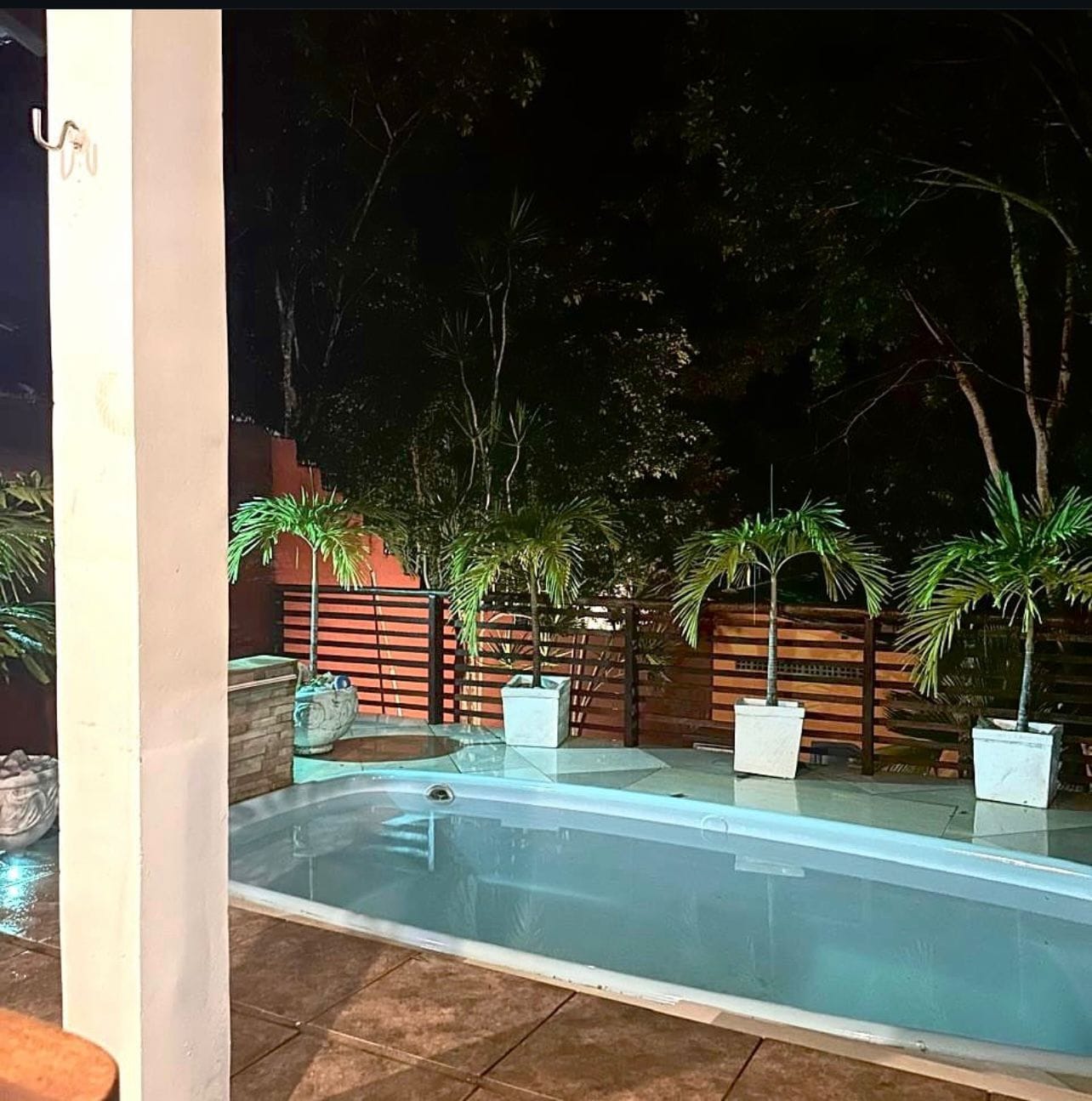 A swimming pool with a tiled deck, surrounded by potted plants and a wooden fence.