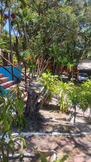 A garden with palm trees, a wooden staircase, and a car parked nearby. - Pousada Sol de Maria (Tibau do Sul)