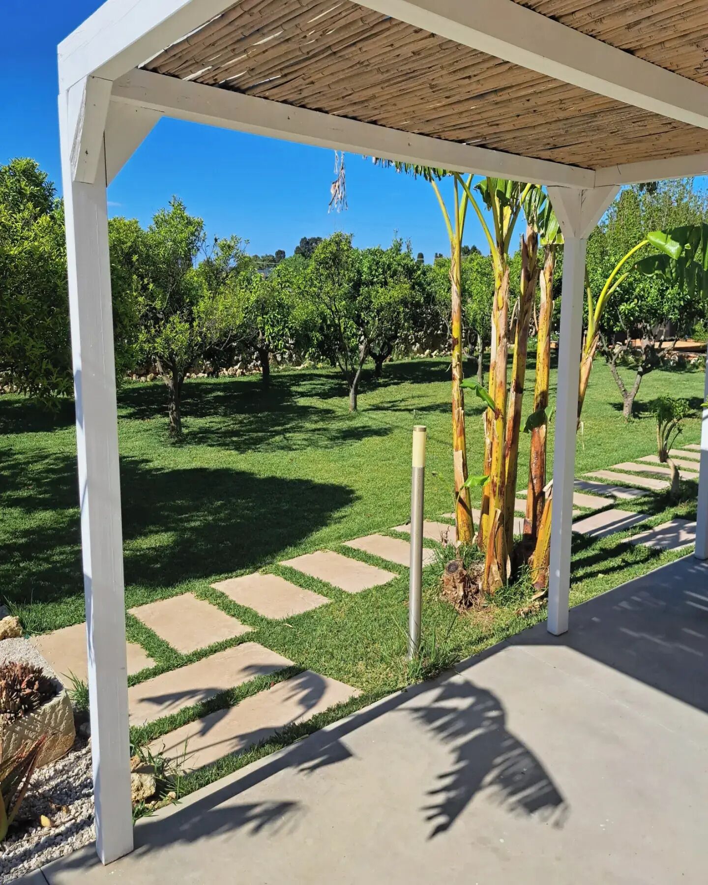 Un espace extérieur abrité, doté d’une pergola, d’une pelouse et d’un chemin en pierre.