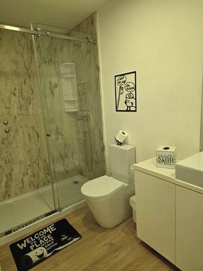 Dusche, Haartrockner, Handtücher, Seife