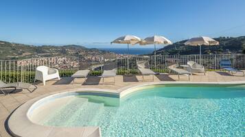 Seasonal outdoor pool, pool umbrellas, pool loungers