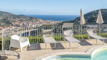 Seasonal outdoor pool, pool umbrellas, pool loungers