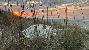 Ein Strand mit hohem Gras und einer Felsformation.