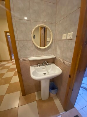 Familie appartement, uitzicht op stad | Badkamer | Een bad/douchecombinatie, pantoffels, handdoeken