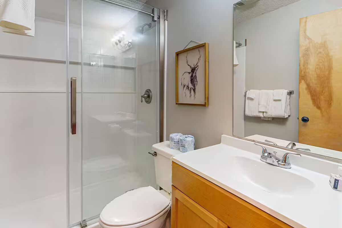 A bathroom with a glass shower enclosure, a white toilet, a wooden vanity with a white sink, and a large mirror.