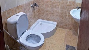Een kleine badkamer met toilet, hygiëneschuimer en wastafel.