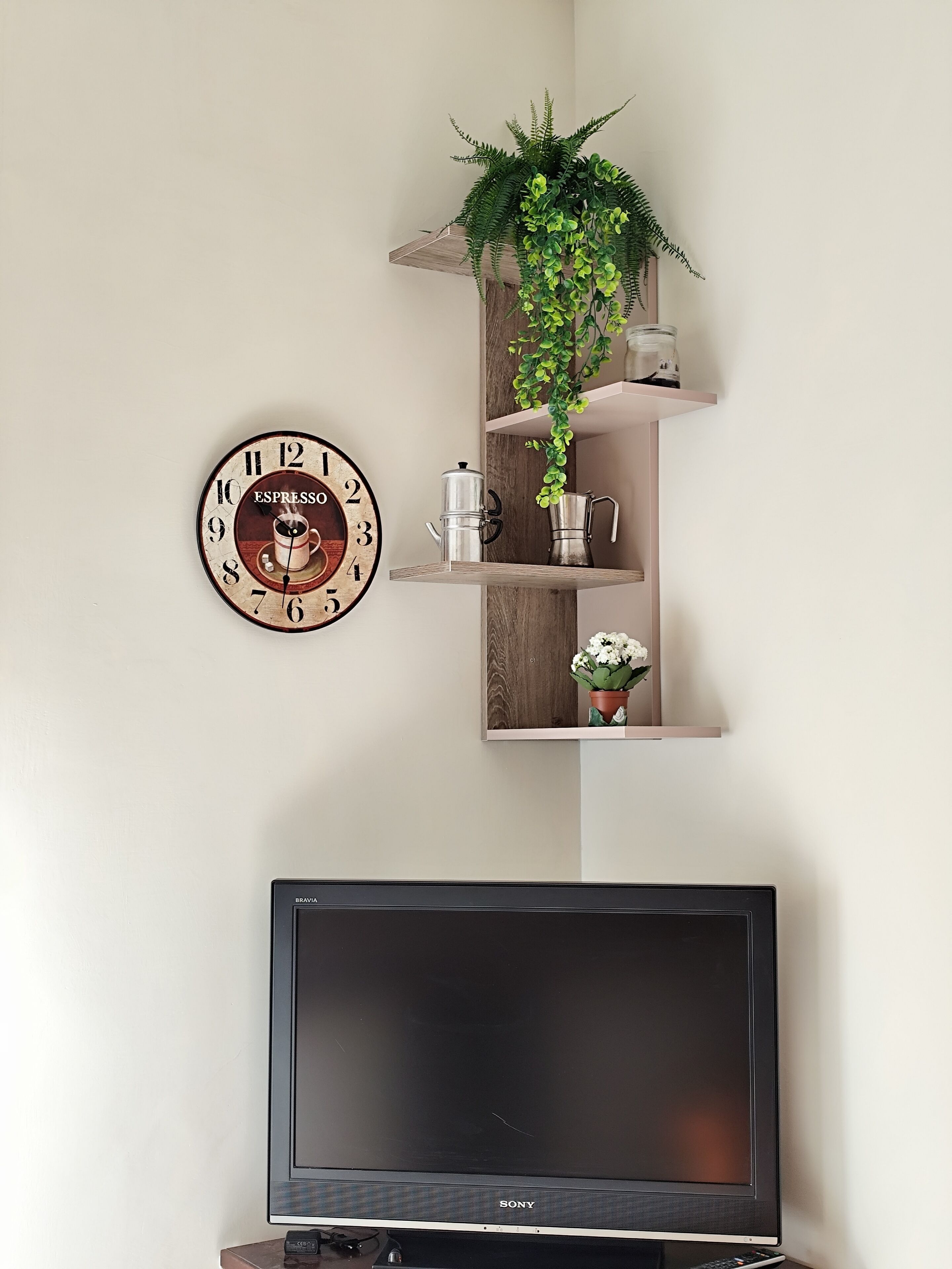 Una estantería de pared con un reloj, una cafetera y una planta en maceta.