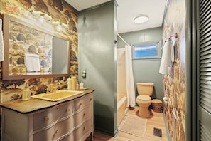 Hair dryer, towels, soap, shampoo