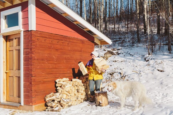 Une cabane en bois à l’extérieur rouge, avec une porte, entourée de neige.