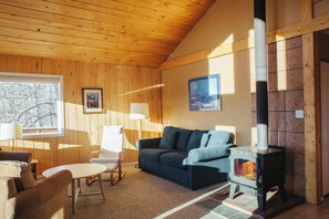 Televisio, takka, DVD-soitin, kirjoja