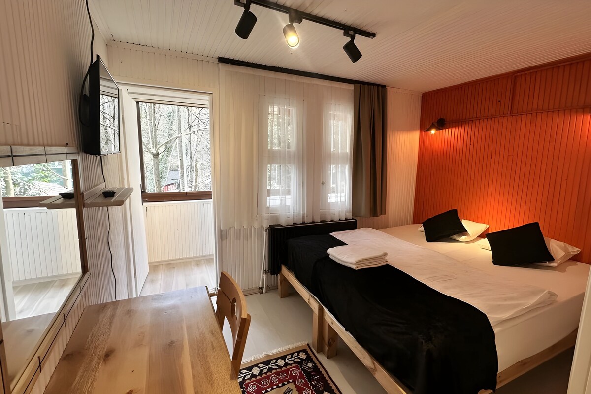 Un dormitorio con cama, escritorio y ventana.