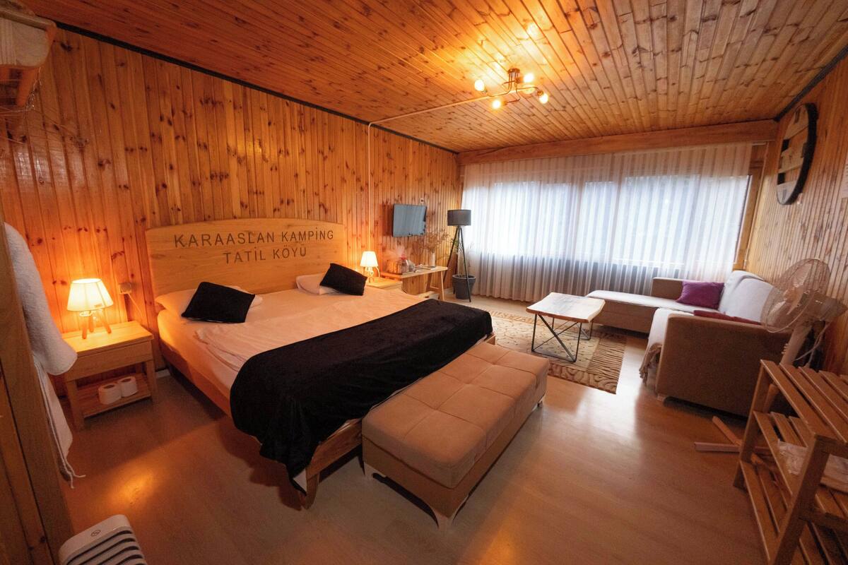 Ein Zimmer aus Holz mit einem Bett, einem Schlafsofa, einem Tisch und einem Sessel.
