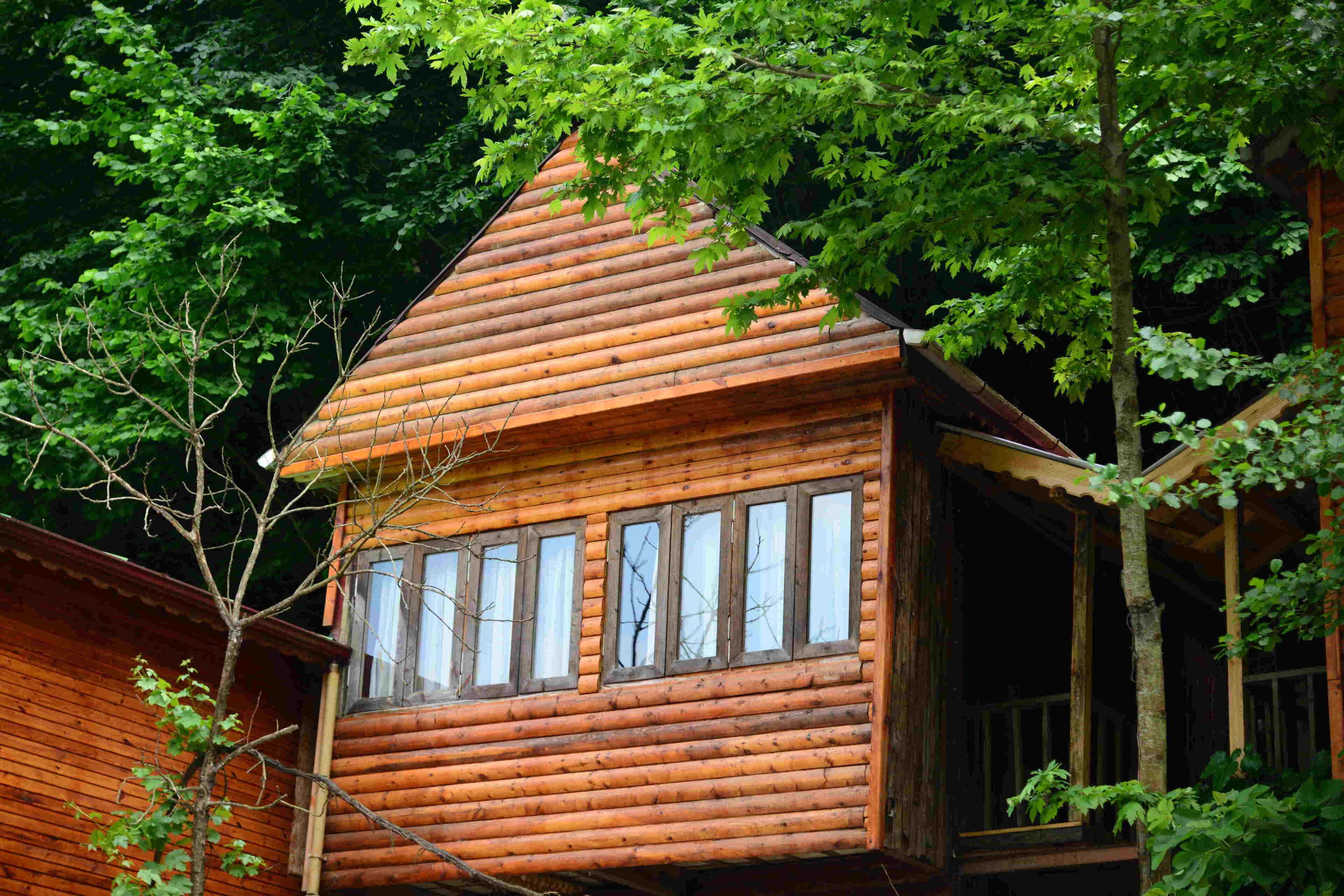 Une cabane en bois avec un toit en pente, de grandes fenêtres et une véranda.
