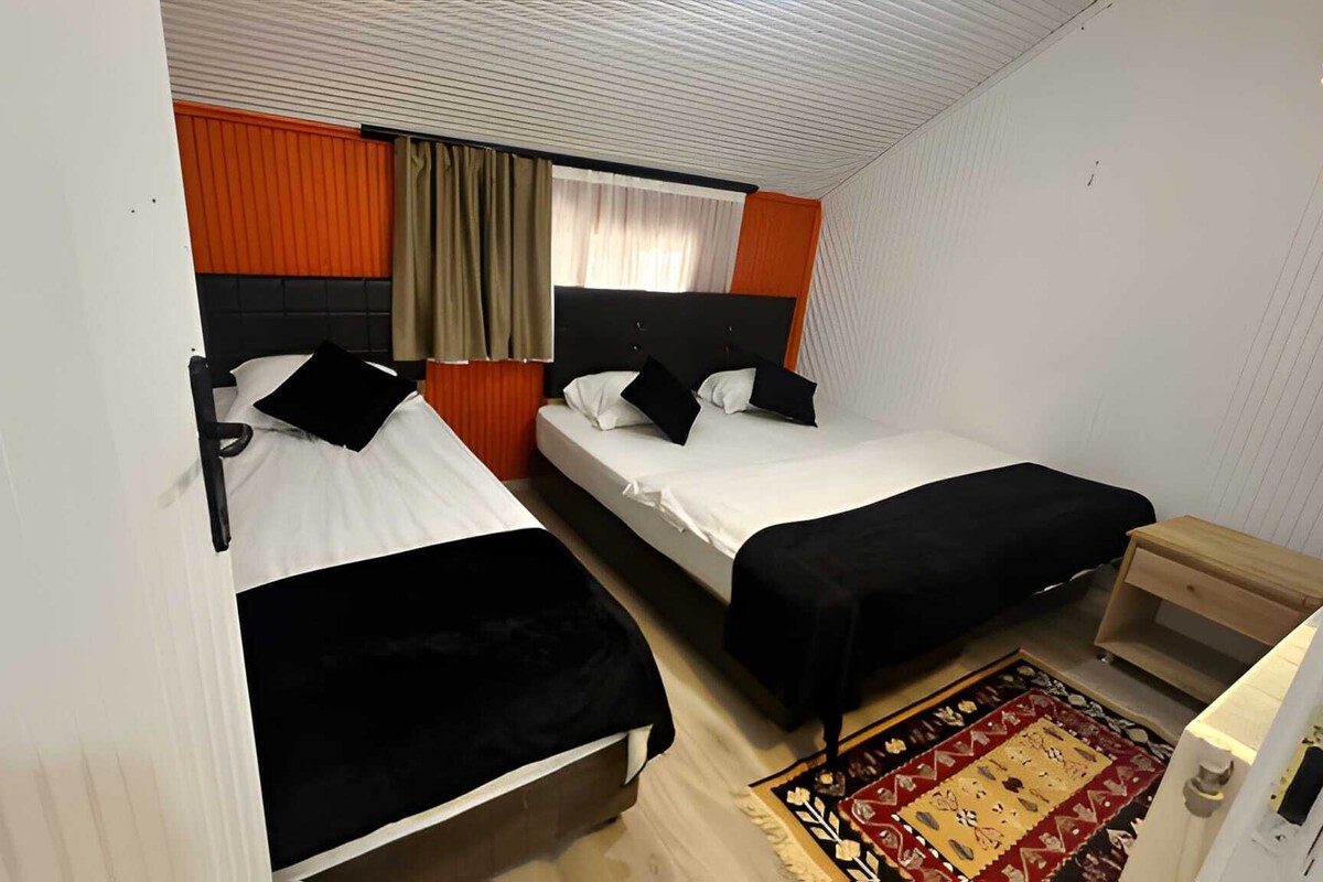 Una habitación de hotel compacta con dos camas individuales, una mesita de noche de madera y una alfombra estampada.