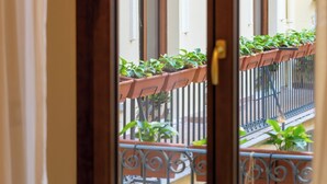 A balcony with potted plants and a metal railing. - Romantic Stay near Santa Maria
Maggiore - Authentic Roman Charm &
Colosseum Walk (Roma)