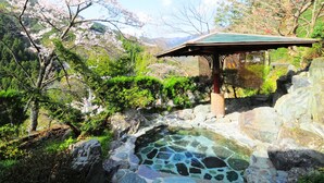 Een traditionele Japanse tuin met een stenen warmwaterbron, kersenbloesems en een houten paviljoen.