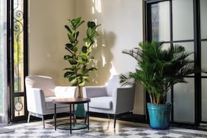 Una habitación con un sofá blanco, una mesita redonda y dos plantas en macetas.