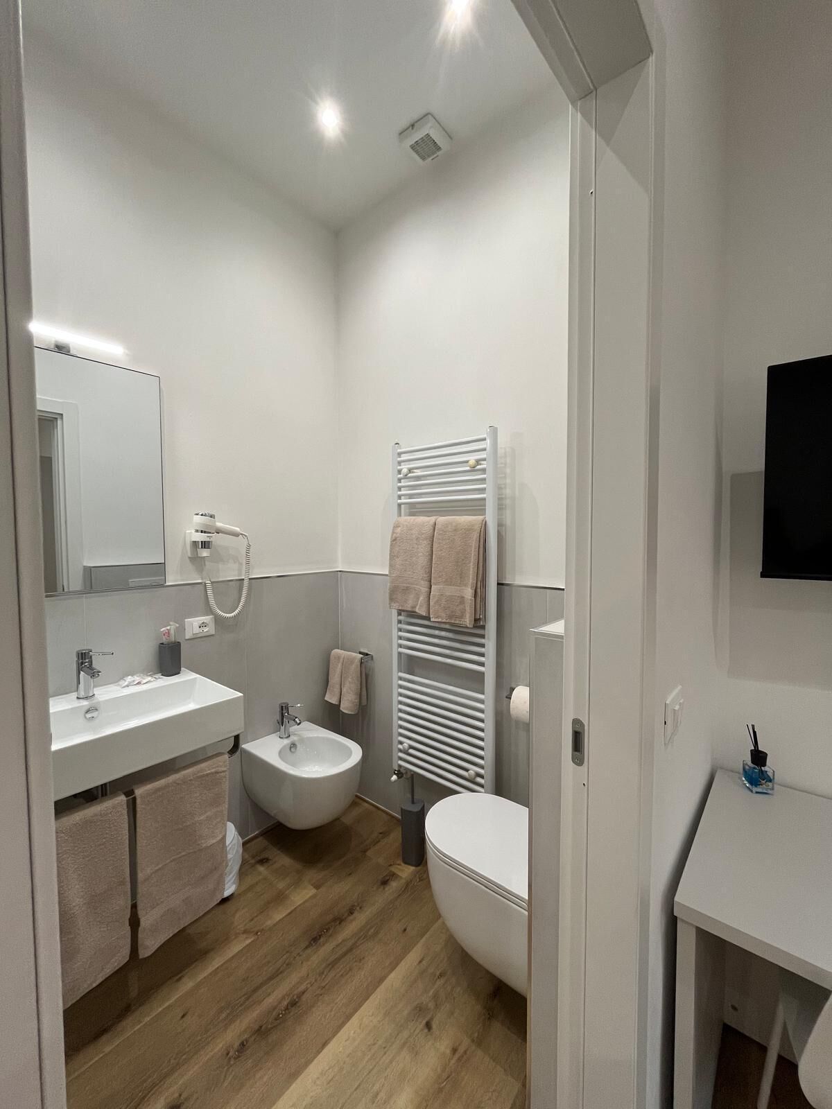 Regadera, secadora de cabello, bidet, toallas 