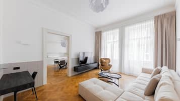 Luxury Apartment, 2 Bedrooms, City View | Living area | 100-inch Smart TV with satellite channels, Netflix, DVD player