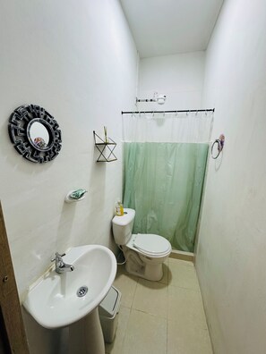 Regadera, toallas, jabón, papel de baño 