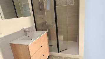 Shower, hair dryer, towels