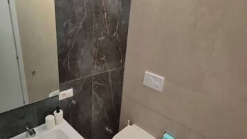 Douche, sĂšche-cheveux, bidet, serviettes fournies