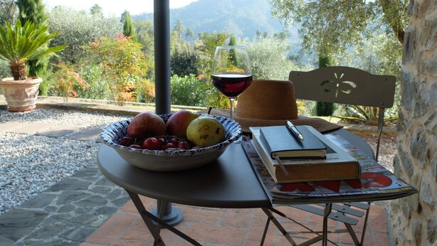 Una mesa con un bol de fruta, una copa de vino tinto, un libro y un cuaderno.