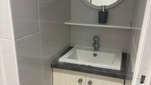 A bathroom with a white sink, a mirror above it, and a cabinet below. - Spacious apartment 15 minutes from Paris (Noisy-le-Sec)