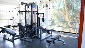 Un gimnasio con equipo de levantamiento de pesas, bancos y un amplio ventanal con vista a árboles.
