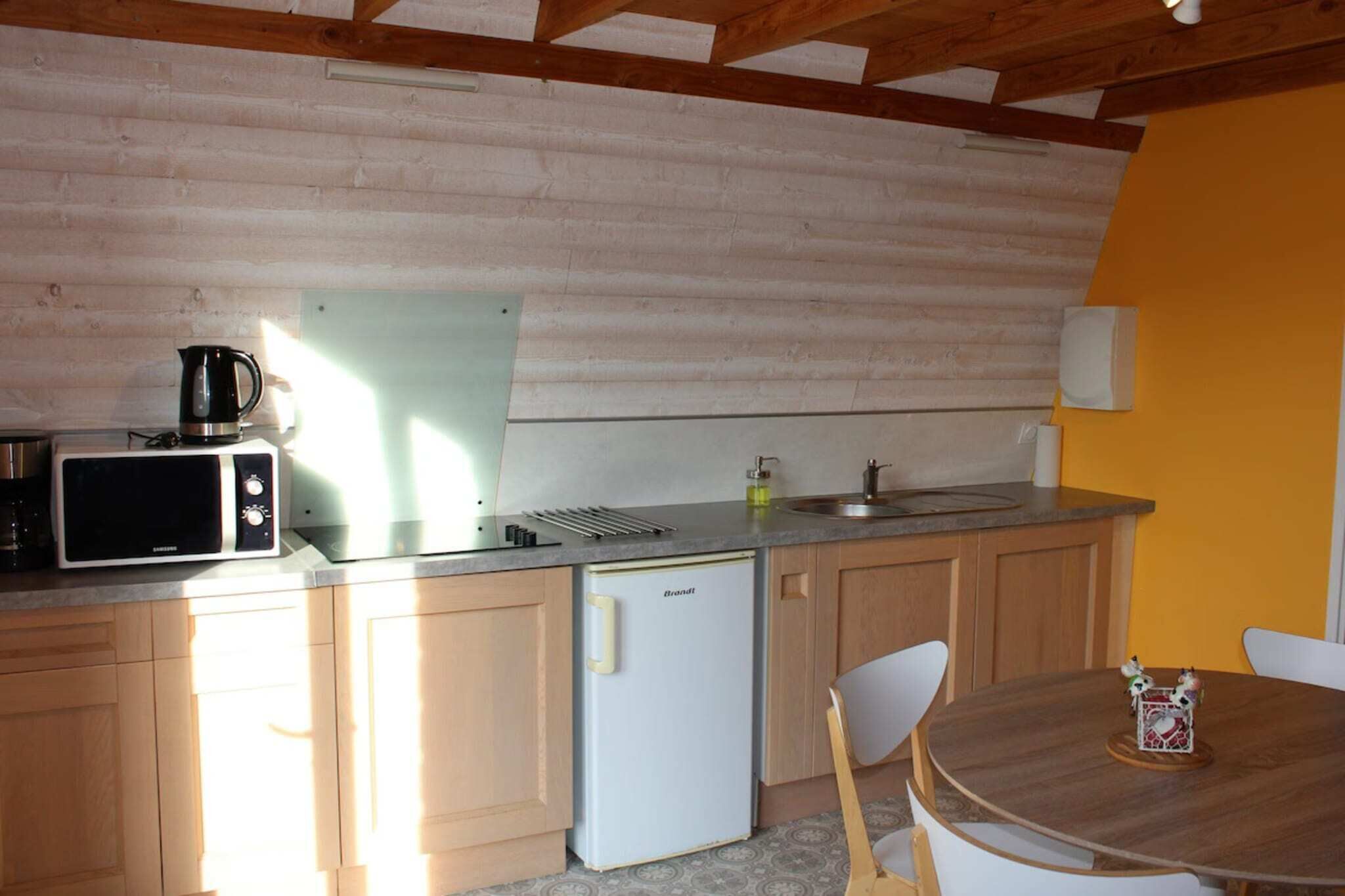 A compact kitchen with a microwave, kettle, and small refrigerator.
