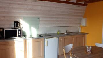 Fridge, microwave, stovetop, coffee/tea maker